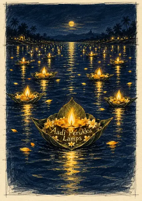 Aadi Perukku Lamps poster, Pastel crayon on midnight blue