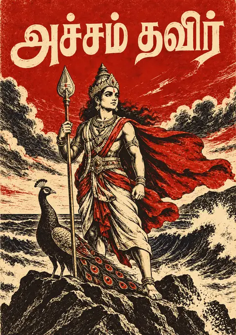 Acham Thavir poster, Woodcut, red and ink
