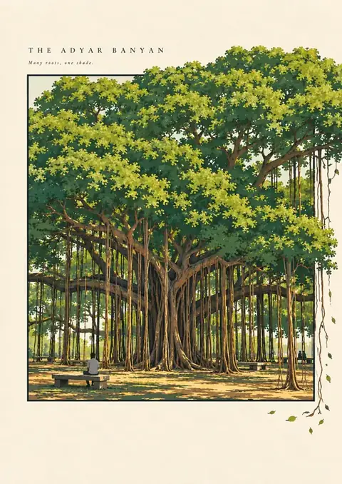 The Adyar Banyan poster, Vintage illustration, leaf green