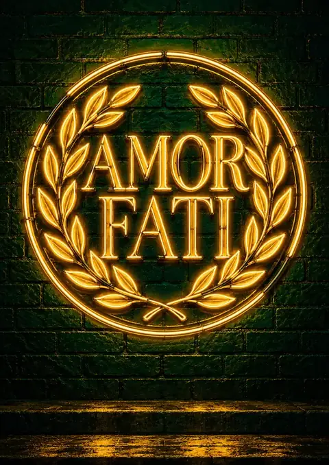 Amor Fati poster, Neon sign on dark brick