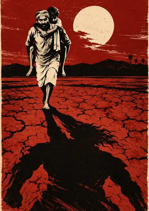 Asuran poster, Woodcut print, red earth & black