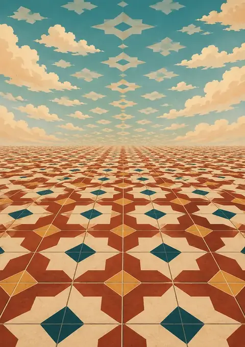 Athangudi poster, Geometric tilework, oxide & teal