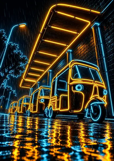 Auto Stand, Rain poster, Neon outline on night rain