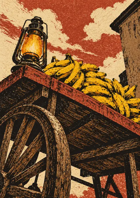 Banana Cart, Lantern poster, Woodcut print
