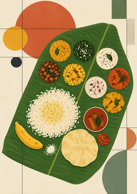 Banana Leaf Meal poster, Bauhaus overhead still life