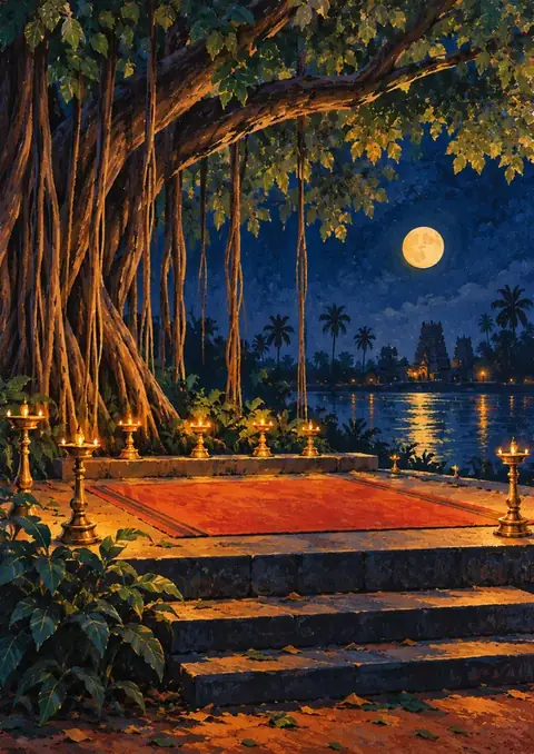 Banyan Stage poster, Moonlit painterly illustration