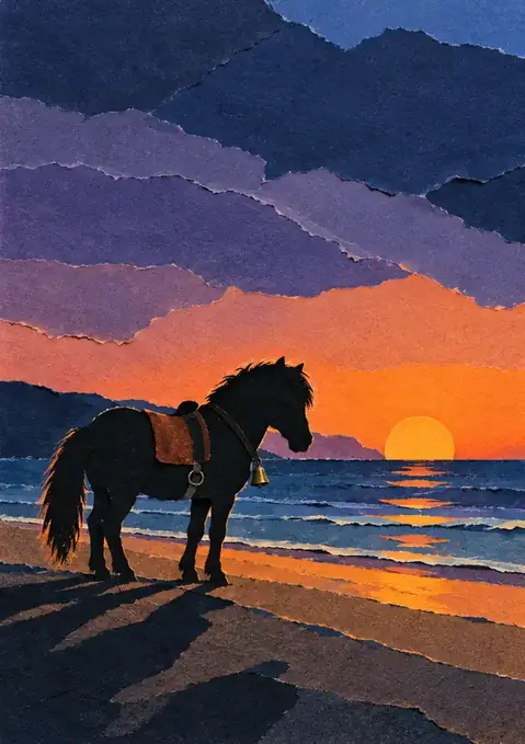 Beach Pony poster, Torn-paper collage, dusk