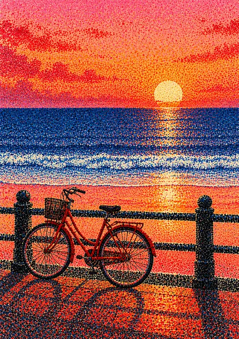 Bicycle at Sunset poster, Pointillist painting