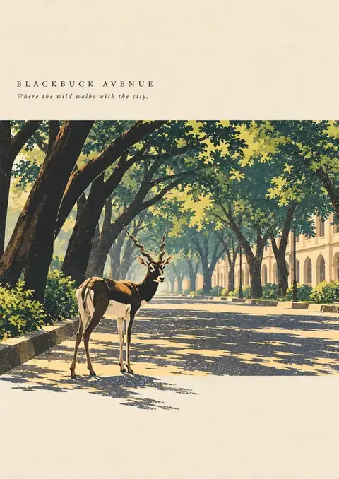 Blackbuck Avenue poster, Mid-century gouache, sun-dappled green