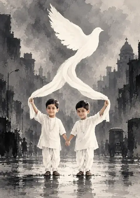 Bombay poster, Grey ink wash, white accent