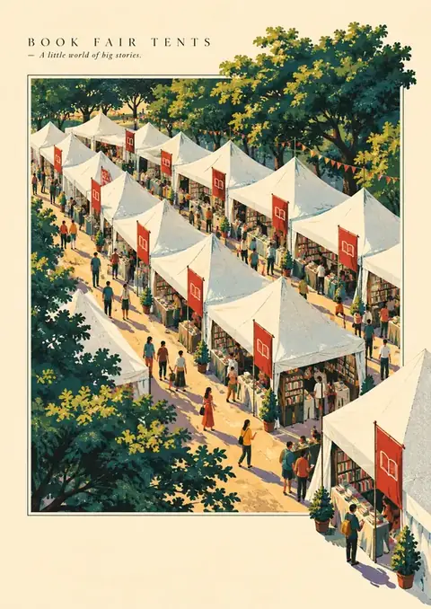 Book Fair Tents poster, Travel-poster gouache, leaf green & cream