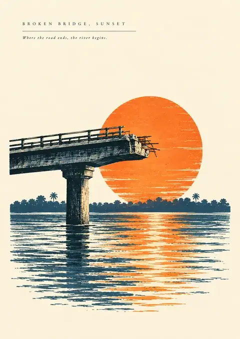 Broken Bridge, Sunset poster, Screen-print, orange & navy