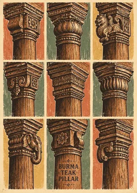 Burma Teak Pillars poster, Vintage grid, teak brown
