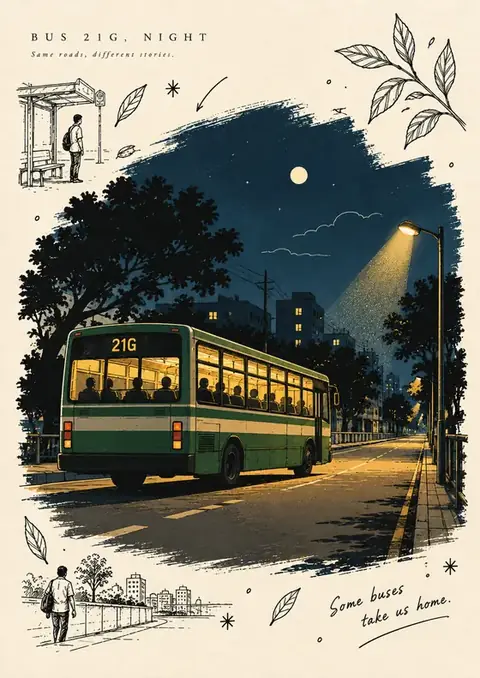 Bus 21G, Night poster, Ink-sketch frame around a night painting