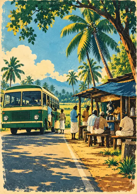 Bus Stop Tea poster, Vintage gouache illustration