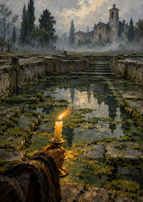 Candle Across the Pool poster, Palette-knife impasto