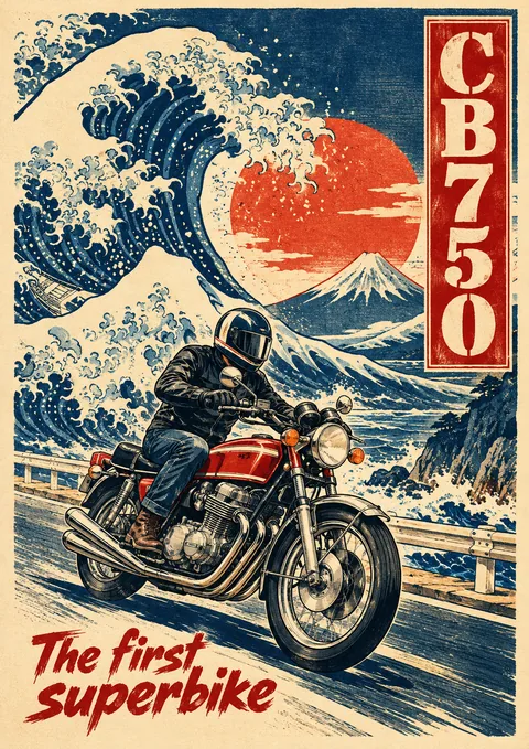 CB750 poster, Ukiyo-e woodblock print