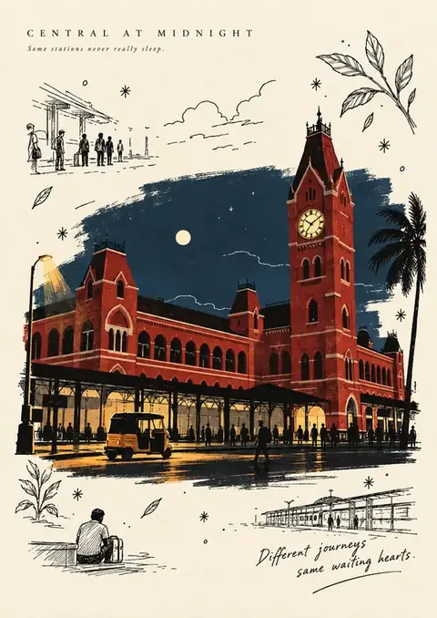Central at Midnight poster, Ink-sketch frame around a night painting