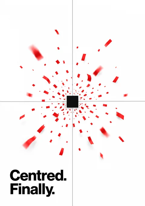 Centred. Finally. poster, Swiss poster