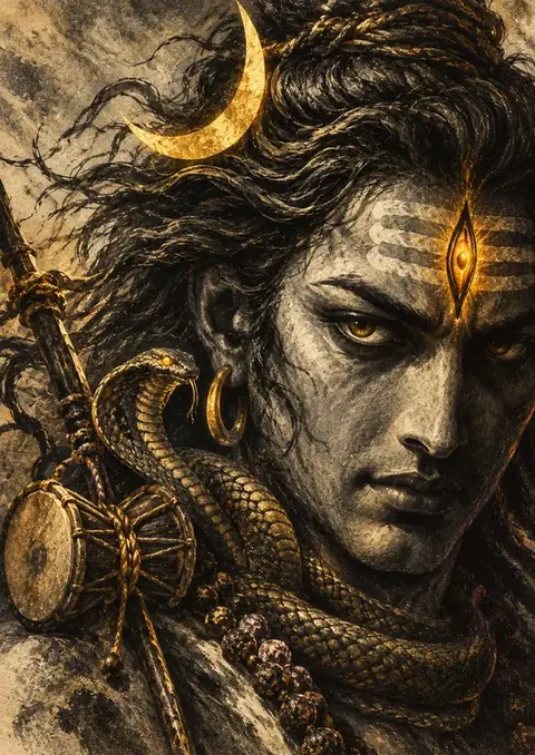 Shiva in Charcoal and Gold poster, Charcoal with gold leaf