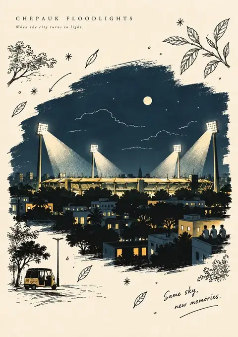Chepauk Floodlights poster, Ink-sketch frame around a night painting