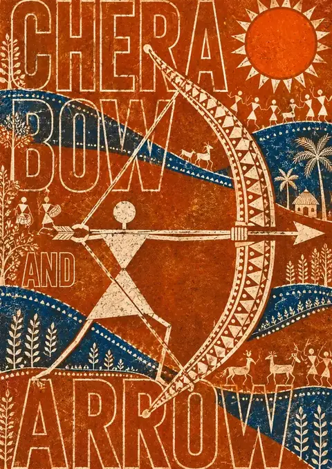 Chera Bow and Arrow poster, Warli folk art, rust & blue