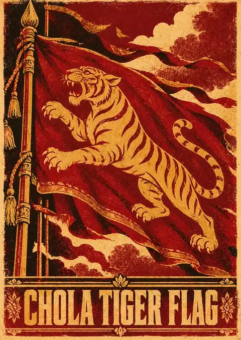Chola Tiger Flag poster, Vintage poster, crimson & gold