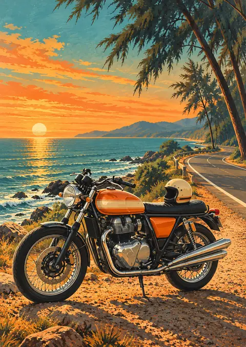 Coast Road, Sunset poster, Vintage travel gouache