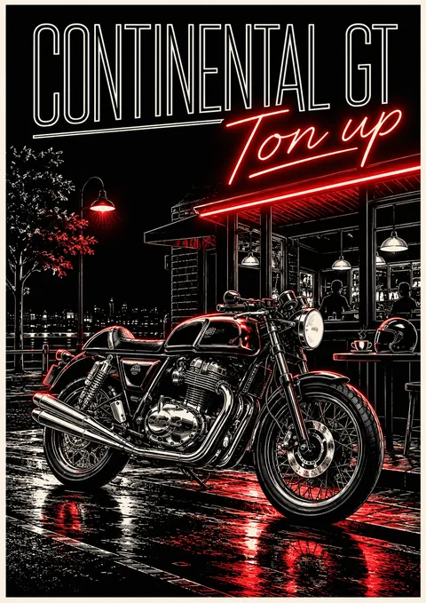 Continental GT: Ton Up poster, Ink and neon illustration