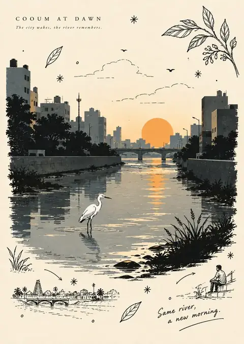 Cooum at Dawn poster, Ink-sketch frame around a dawn painting