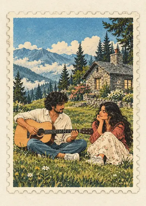 Cottage Song poster, Vintage postcard