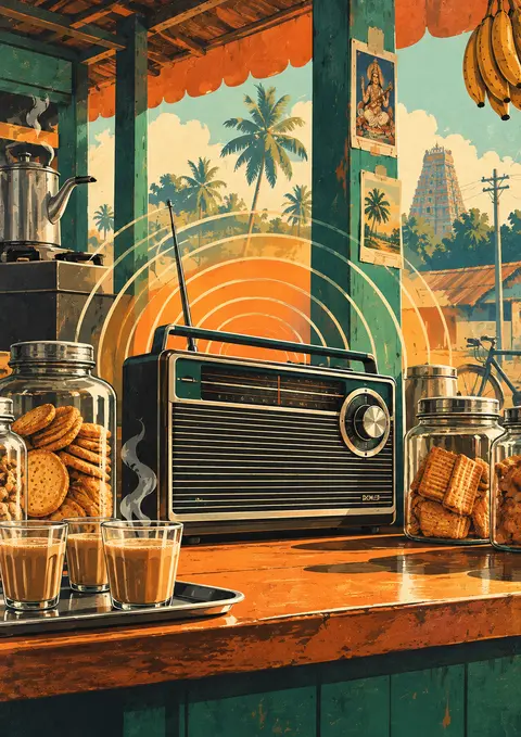 Counter Radio poster, Retro gouache illustration