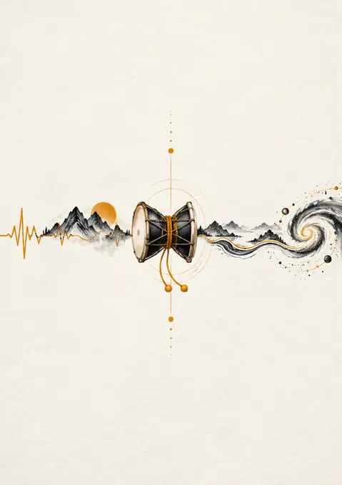 Damaru Pulse poster, Minimal ink and gold