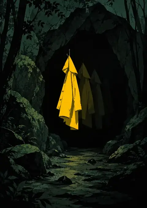 Dark poster, Flat gouache, yellow accent