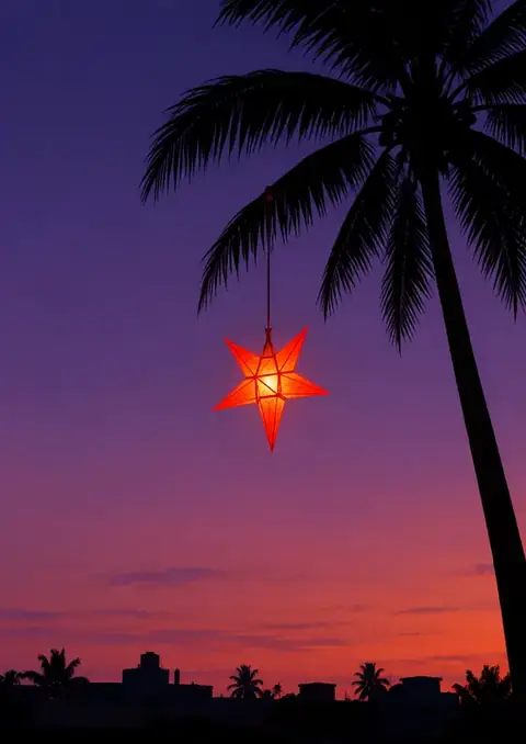 December poster, Dusk photograph, violet & lantern red