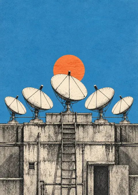 Dish Antennas poster, Ink etching, orange sun