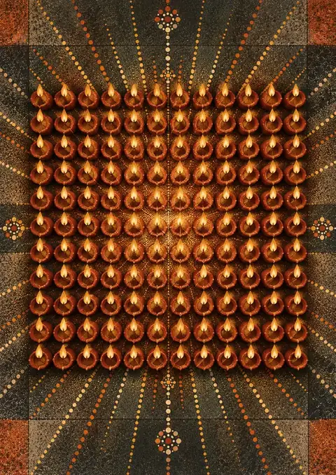 Diwali Diyas poster, Stippled dotwork, copper & gold