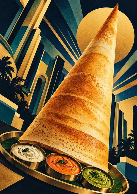Dosa Cone poster, Art Deco poster, gold & teal