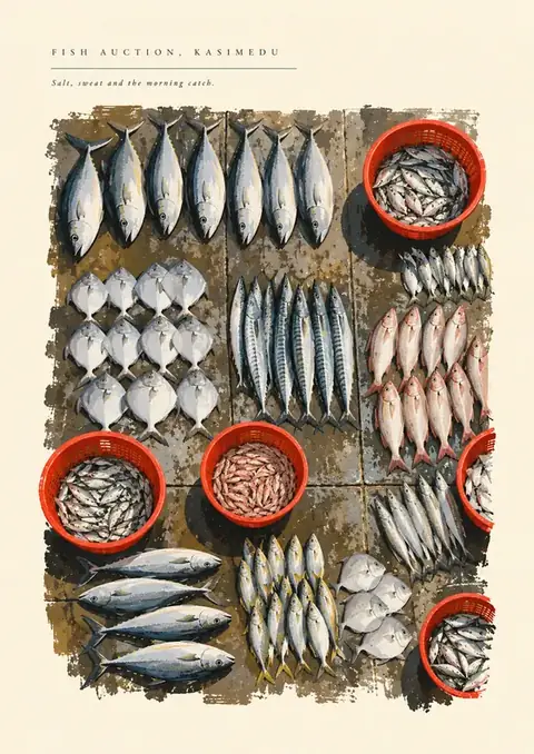 Fish Auction, Kasimedu poster, Overhead gouache, silver & red