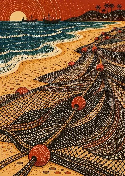 Nets at Sunset poster, Gond folk art, ochre & teal