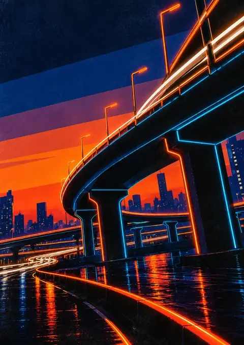 Flyover at Dusk poster, Retro neon illustration