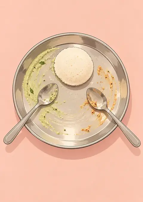 Four Idlis poster, Pastel line art, steel & blush