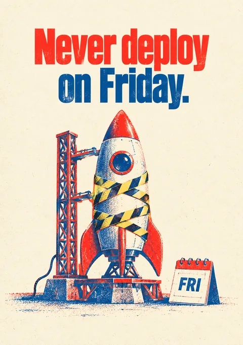 Never Deploy on Friday poster, Risograph print