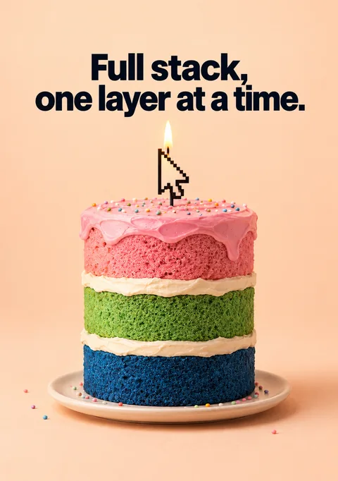 Full Stack, One Layer at a Time poster, Pastel 3D render