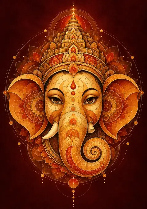 Ganesha Mandala poster, Geometric mandala, gold on red