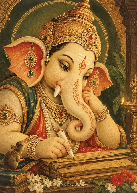 Ganesha the Scribe poster, Traditional painting, aged gold