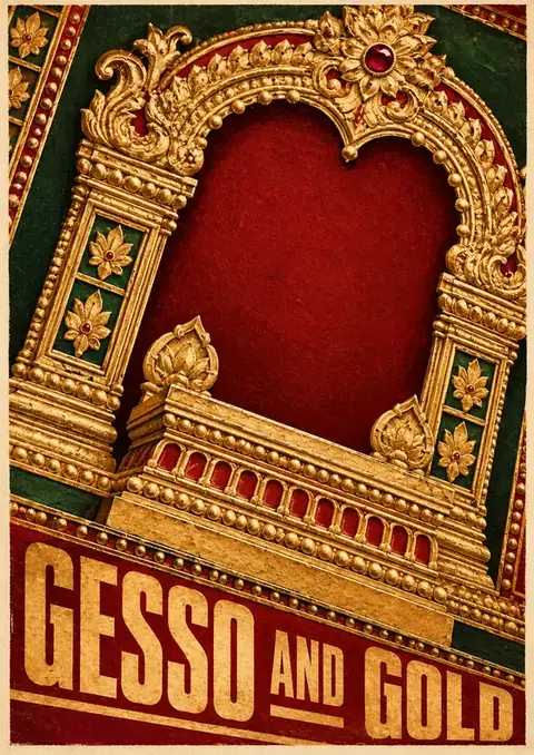 Gesso and Gold poster, Raised gold leaf, temple red & green