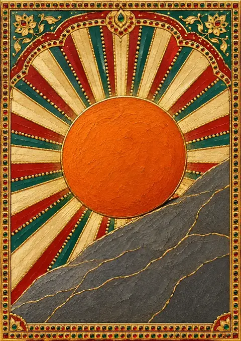 Gilded Sun on Stone poster, Tanjore gold, jewel border