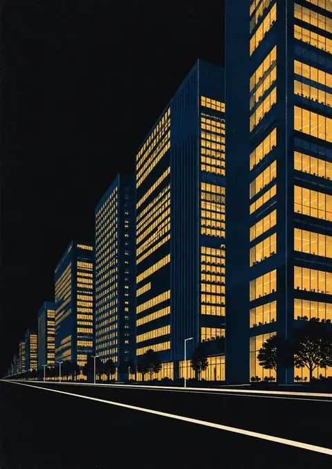 Glass Towers, Night poster, Flat vector, navy & gold