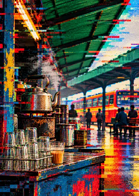 Bus Stand Chai poster, Glitch art
